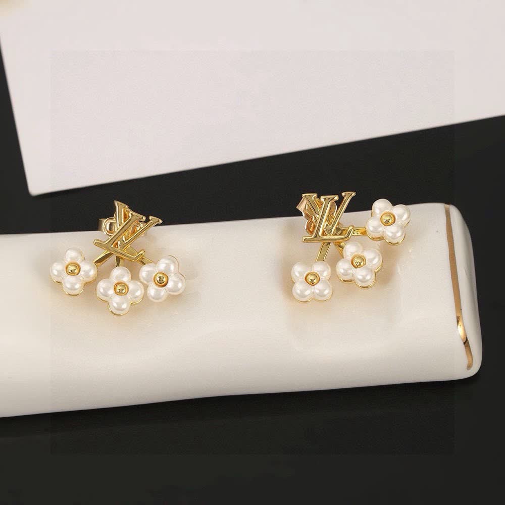 Louis Vuitton Gold Tone Pearl Flower Stud Earrings
